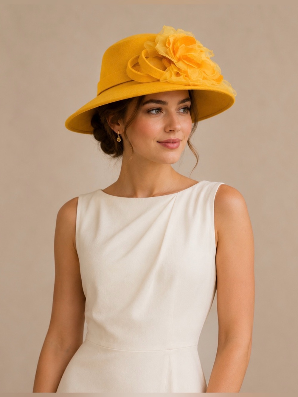 Vintage Nordstrom Yellow Felt Derby Hat Made Italy Floral Wide Brim